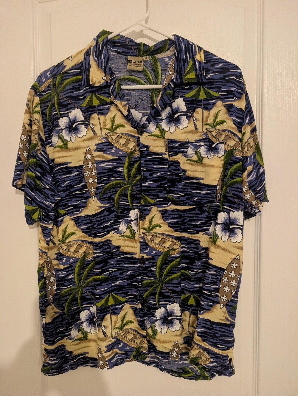 Hawaiian Shirt Blue Row Boat  Palm Tree Tropical Beach Vacation In Gear Men's M
